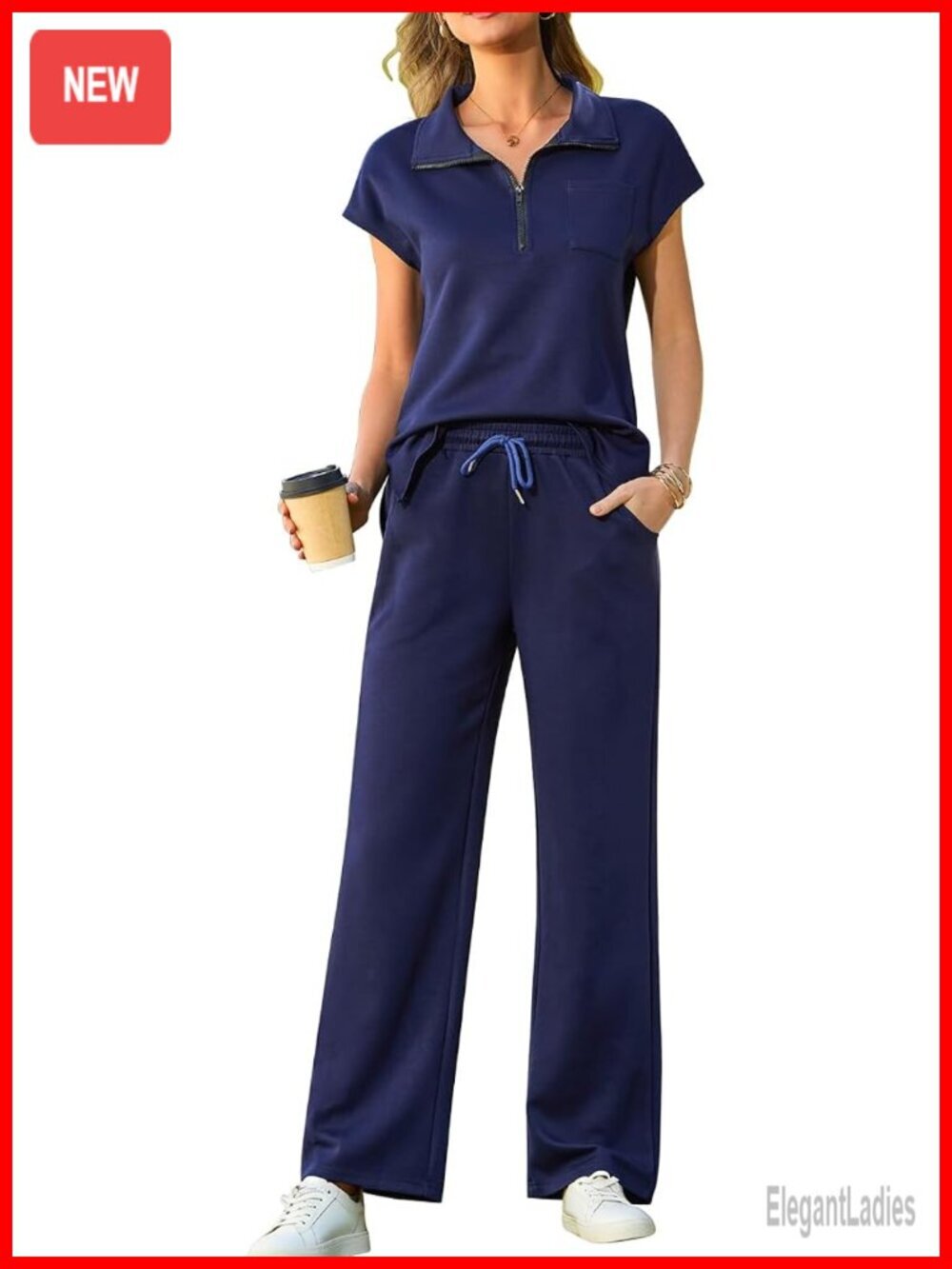 Women's Two Piece Outfits Cap Sleeve Half Zip Sweatshirt Wide Leg Pants Lounge